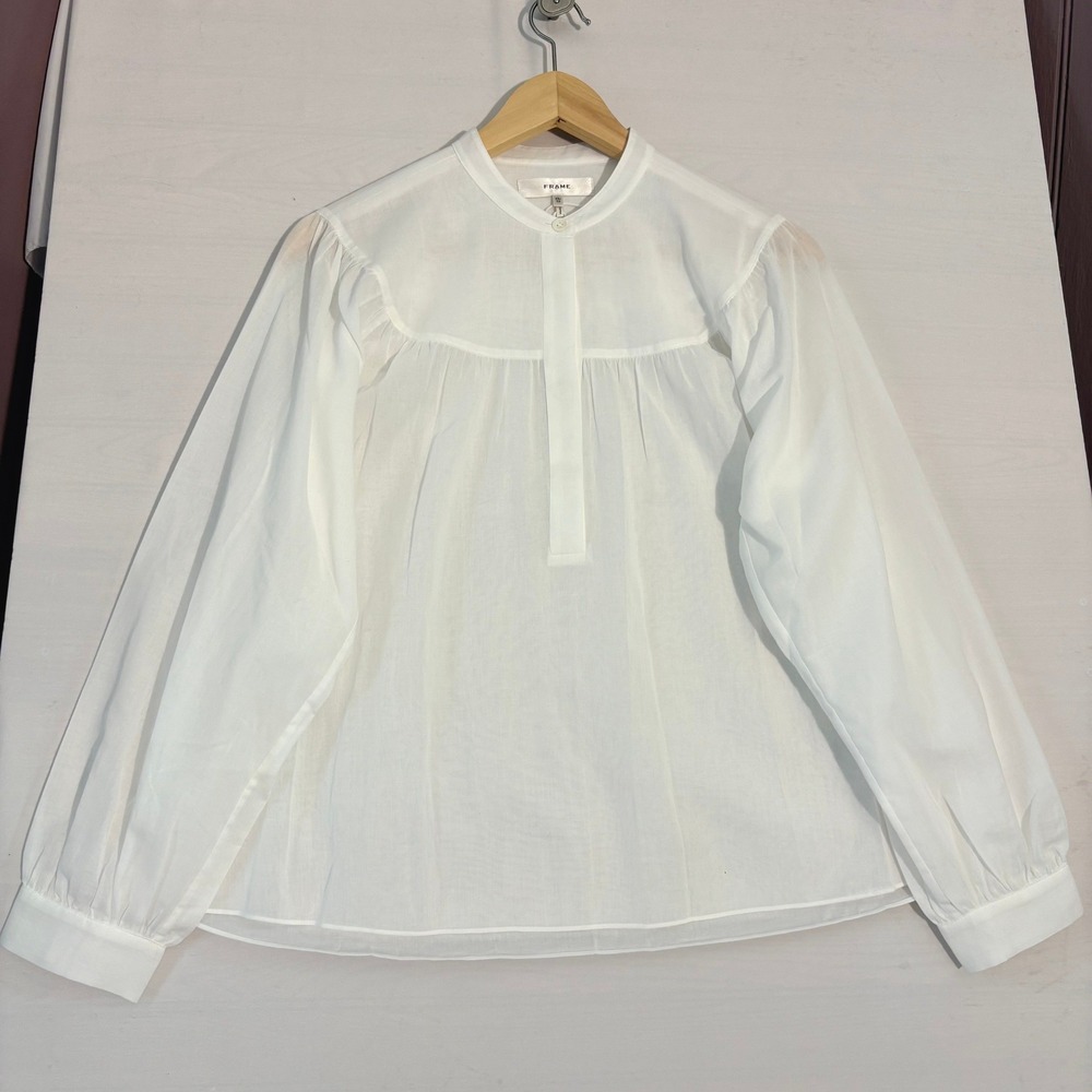 FRAME White Long Sleeve Gathered Yoke Blouse‎ Band Collar Top XS
